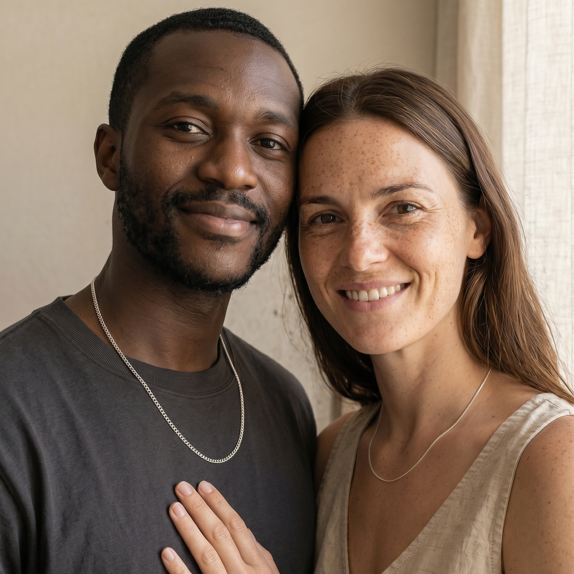 His & Hers Partnerschmuck: kräftige Cuban-Kette und feine Kette, Paar mit sichtbaren Gesichtern – Velmoras