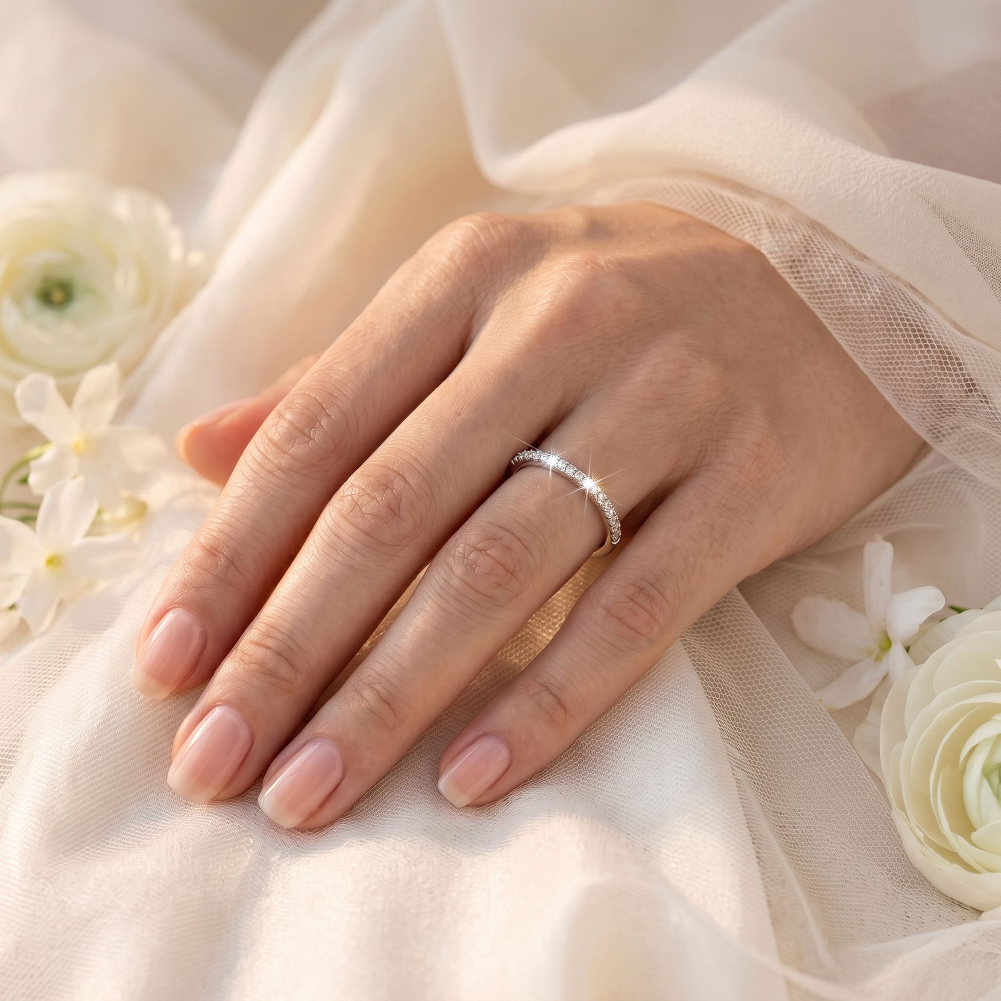 Velmoras Pavé Ring Brautschmuck – quadratisches Hochzeitsbild
