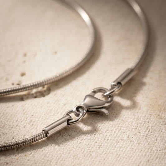 Makro-Detail der feinen Schlangenknochenkette mit Karabiner