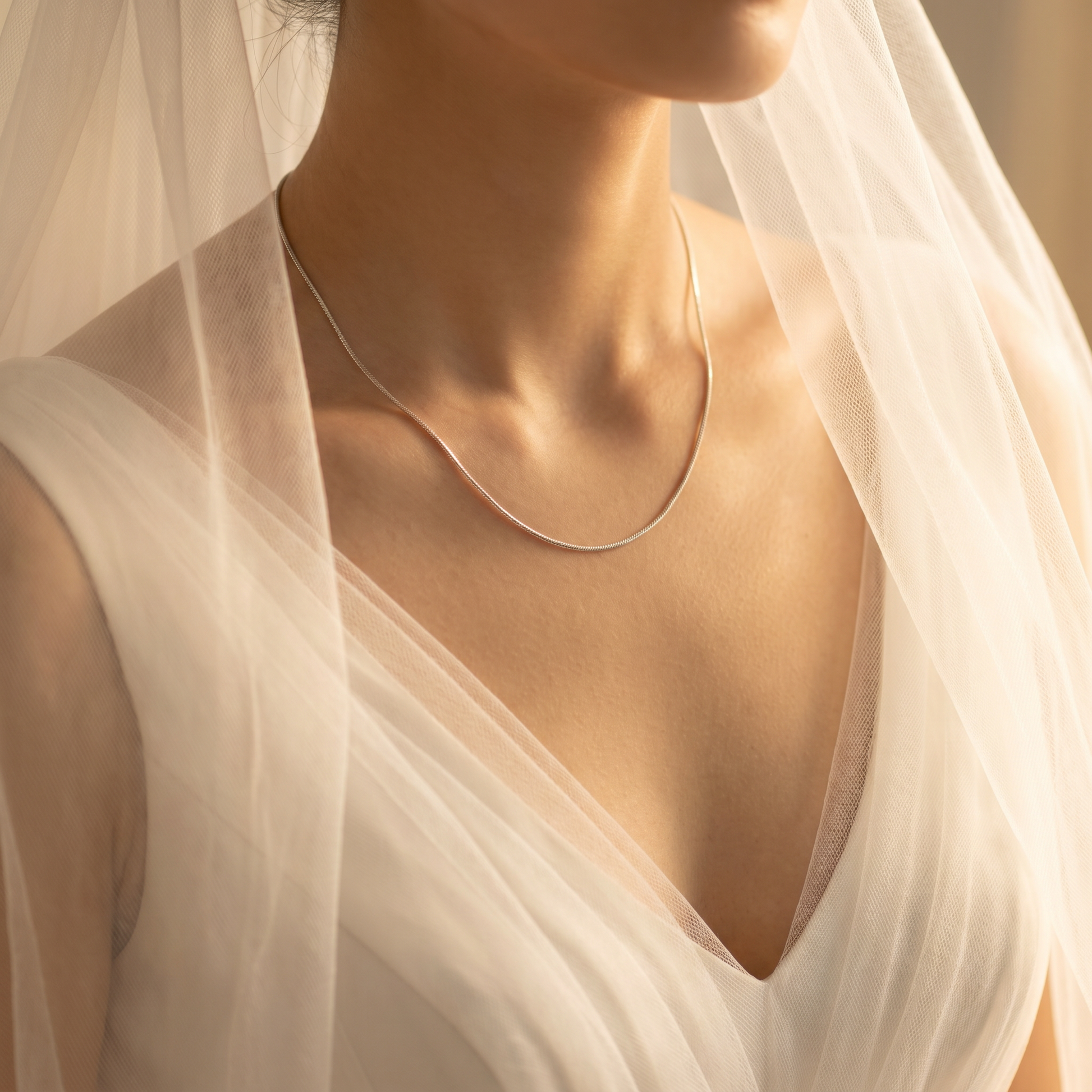 Velmoras Schlangenknochenkette Brautschmuck – quadratisches Hochzeitsbild